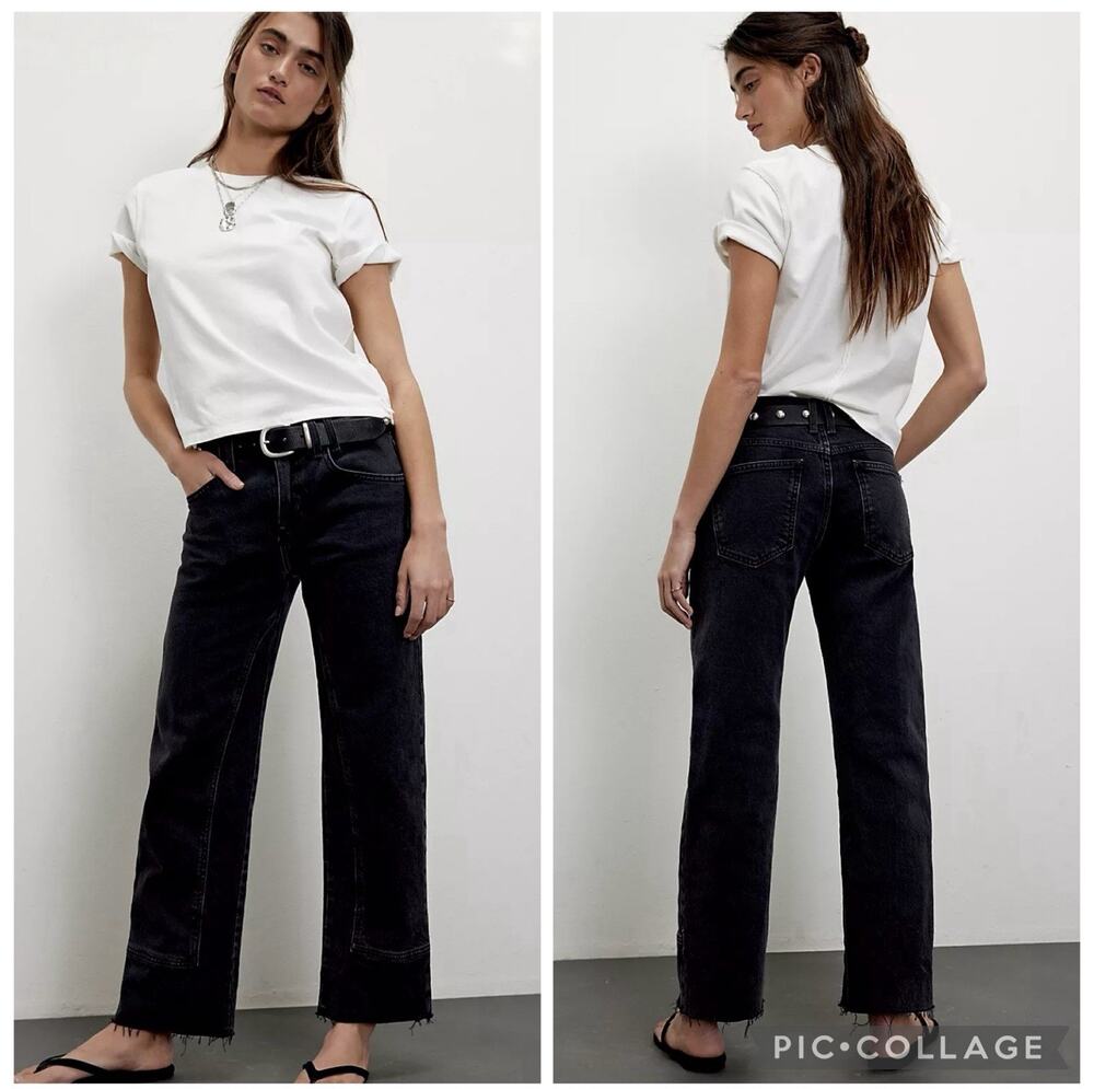We The Free Risk Taker Black Mid Rise Straight Jeans Frayed Hem Women's 27